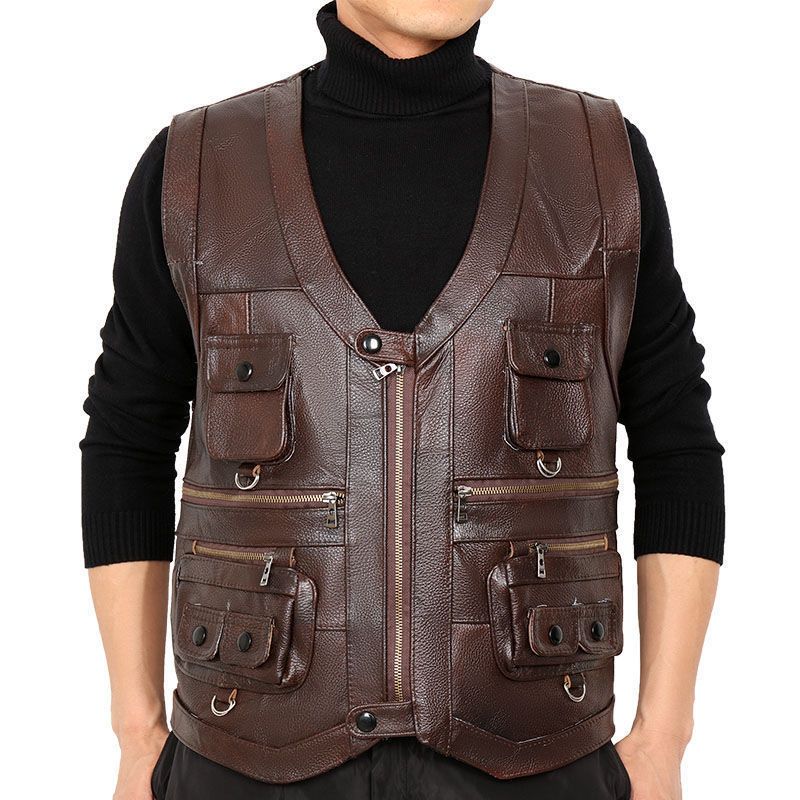 Motorcycle Gear Vest - เสื้อกั๊กหนังวัวแท้ เสื้อกั๊กหนังผู้ชาย เสื้อแจ็คเก็ตหนาสำหรับขี่มอเตอร์ไซค์ มีหลายกระเป๋า เสื้อหนังนักขี่มอเตอร์ไซค์ เสื้อกั๊กนิรภัยผู้ชาย