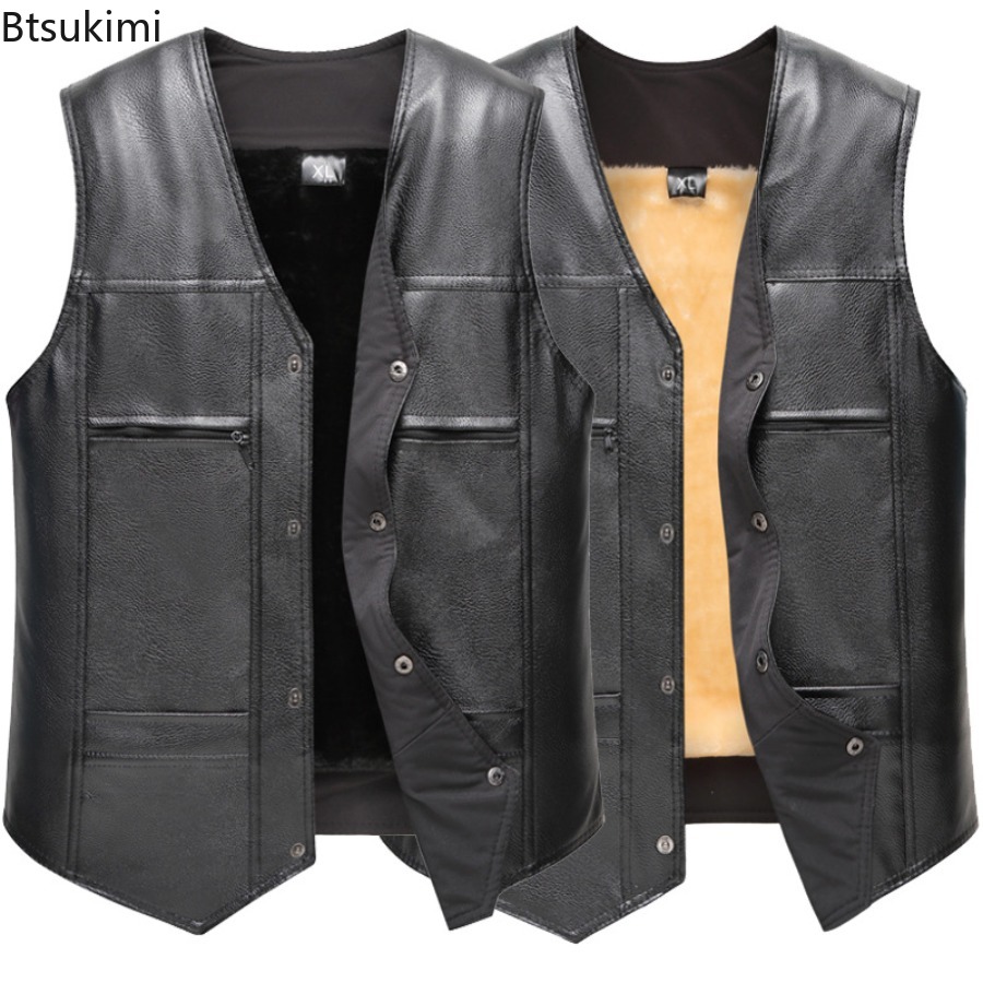 Motorcycle Gear Vest - ฤดูใบไม้ร่วงฤดูหนาวใหม่หนังผู้ชายเสื้อกั๊กขนแกะซับ WARM เสื้อกั๊กแฟชั่น V คอเสื้อกั๊กเสื้อแจ็คเก็ตหล่อรถจักรยานยนต์เสื้อกั๊ก